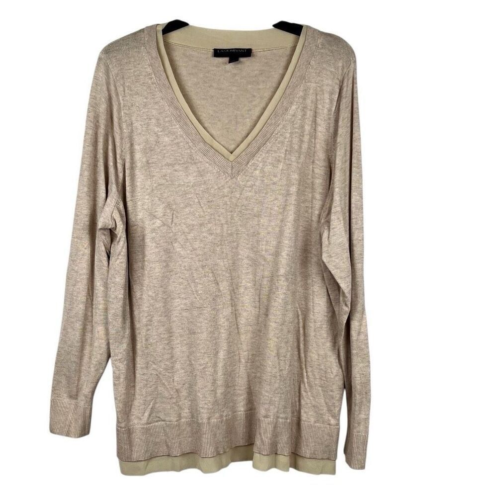 Lane Bryant Oatmeal Heathered Tan V-neck Sweather Chiffon Trim 18/20